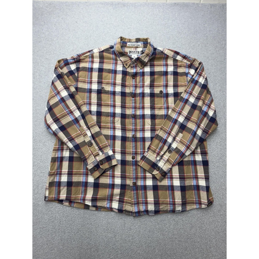 Duluth Trading Co Mens 2XL Brown Plaid Free Swingin Flannel Button Up Shirt